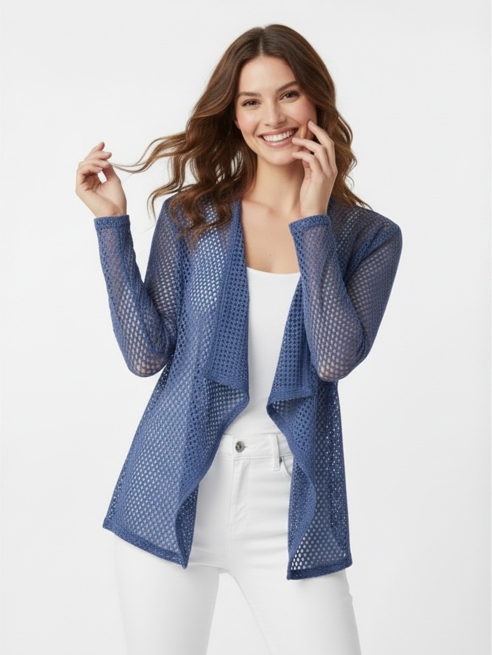 Chico’s Women’s Blue All-Over Mesh Drape-Front‎ Jacket Size XL